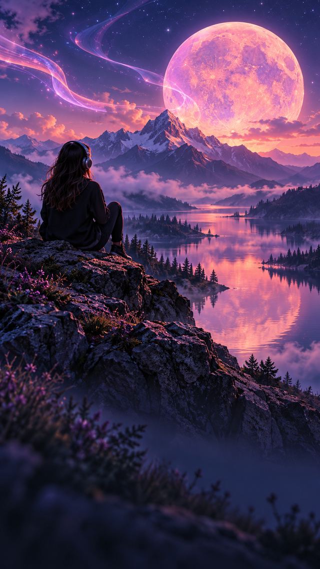 Illustration: a person with headphones sits on a rock above a lake, under a large pink moon.